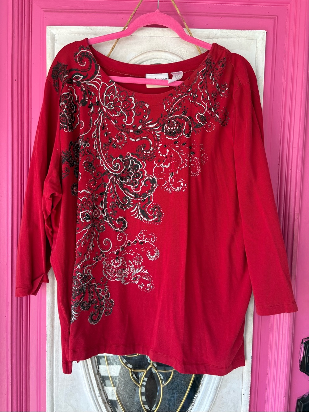 Alfred Dunner Red Scoop Neck Long Sleeve Top with Black & White Floral Swirls